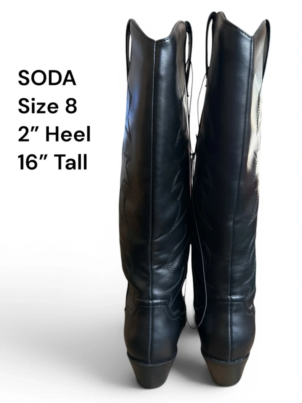 SODA Black Western Cowboy Boots Size 8 Knee High Square Toe Embroidered Rodeo